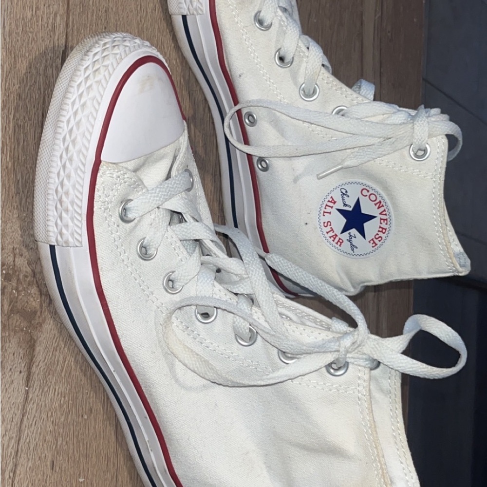 Converse Cream High-Top Sneakers with Red and Blue Accents